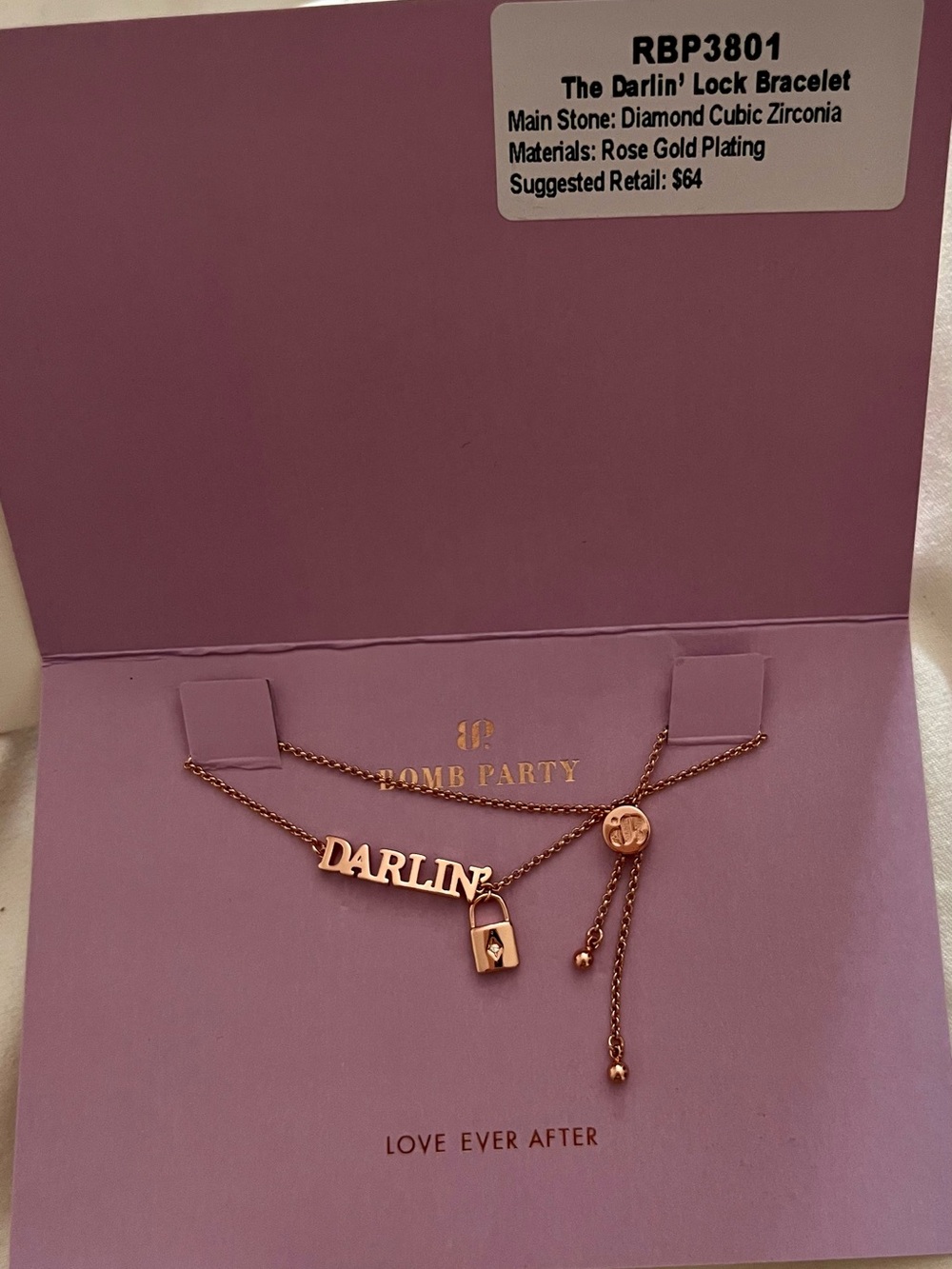 Bomb Party Retro Love Ever After Rose Gold "Darlin'" Lock Nameplate Bracelet